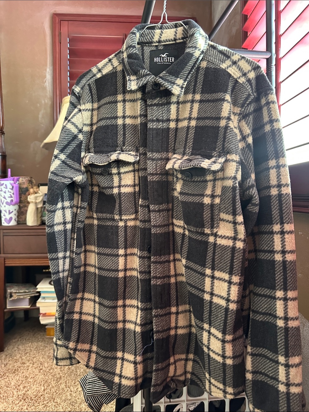 Hollister Black and Cream Plaid Lightweight Shacket